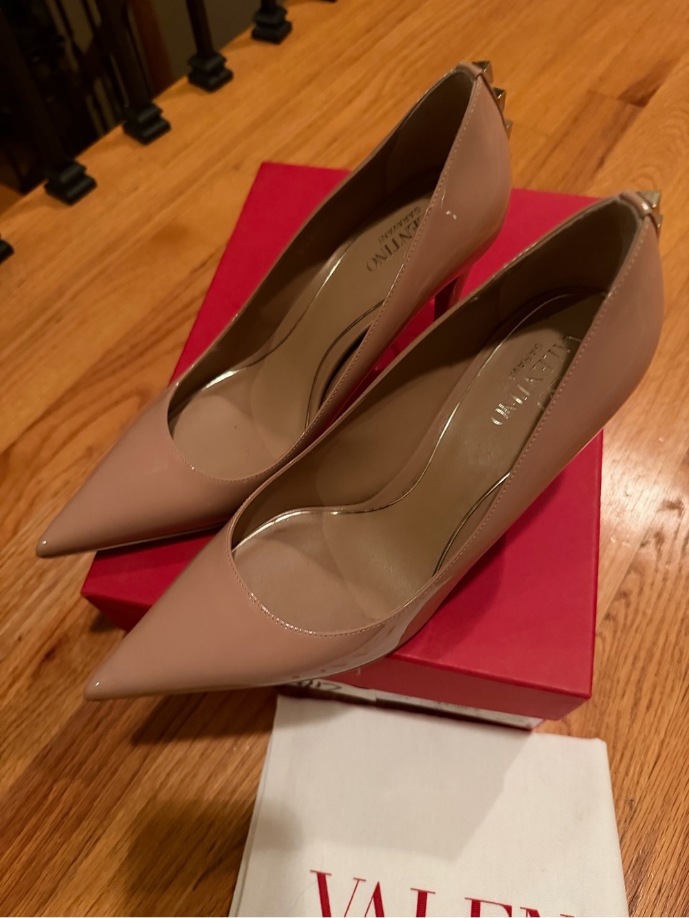 Valentino Blush Patent Leather Pointed-Toe Pumps with Rockstud Accent